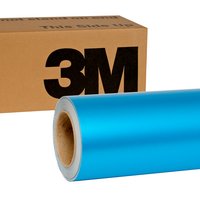 A roll of blue 3M 1080 Wrap Series laying alongside its packaging. 