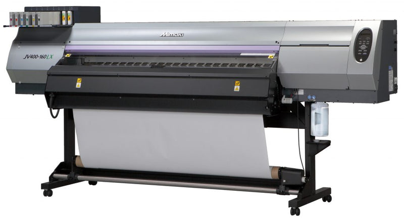 Mimaki JV400 in front of plain background giving an overall look at the latex printer.