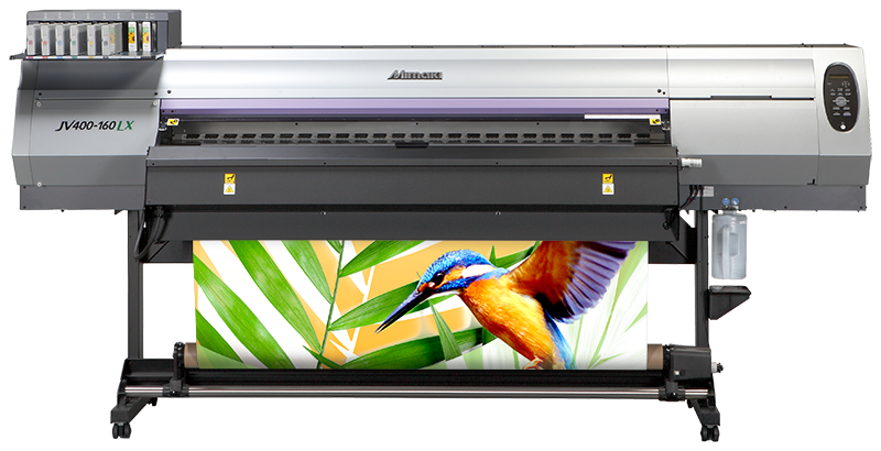 Mimaki JV400 160LX large format printer, showcasing a vibrant print of a  vibrant bird amongst green leaves, highlighting the printers detailed output.