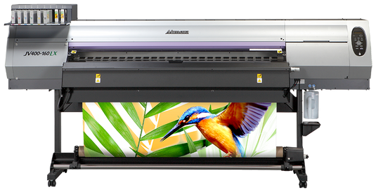 Mimaki JV400-160LX large format printer, showcasing a vibrant print of a  vibrant bird amongst green leaves, highlighting the printers detailed output. 